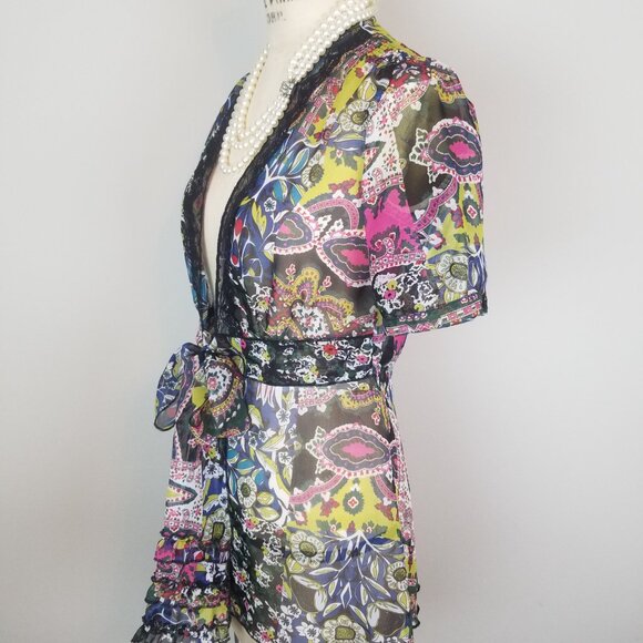 CAbi Beaches of St Tropez Colorful Sheer Tie Front Blouse Women's Size Small - Picture 4 of 8